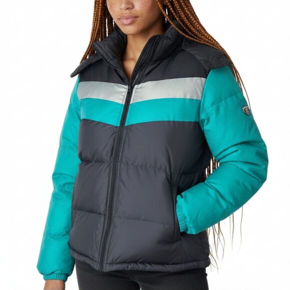 Color Block Striped Teal Black Gray Hooded Puffer Coat Winter Bubble Jacket Sz S - Picture 1 of 11